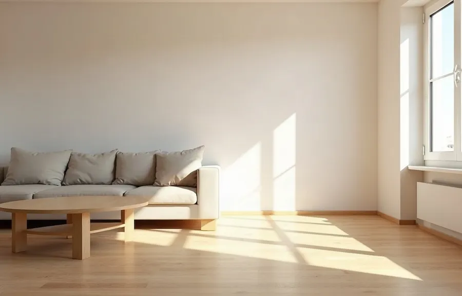 Salón amplio con suelo laminado de roble claro y la luz del sol entrando sobre las lamas