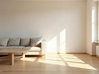 Salón amplio con suelo laminado de roble claro y luz de ventana sobre las lamas, sin escombro ni obra a la vista