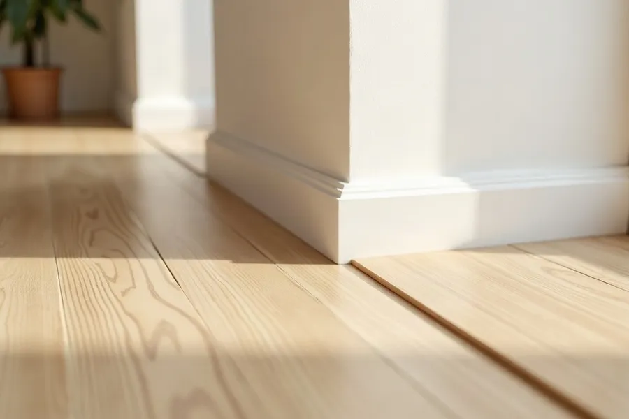 Lamas de laminado de roble claro que terminan bajo un rodapié blanco, donde queda oculta la junta de dilatación