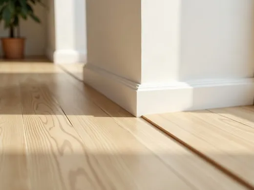 Lamas de laminado de roble claro encontrándose con un rodapié blanco