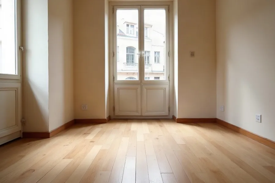 Salón con parquet multicapa de roble natural en lamas rectas, acabado mate y rodapié de madera a juego