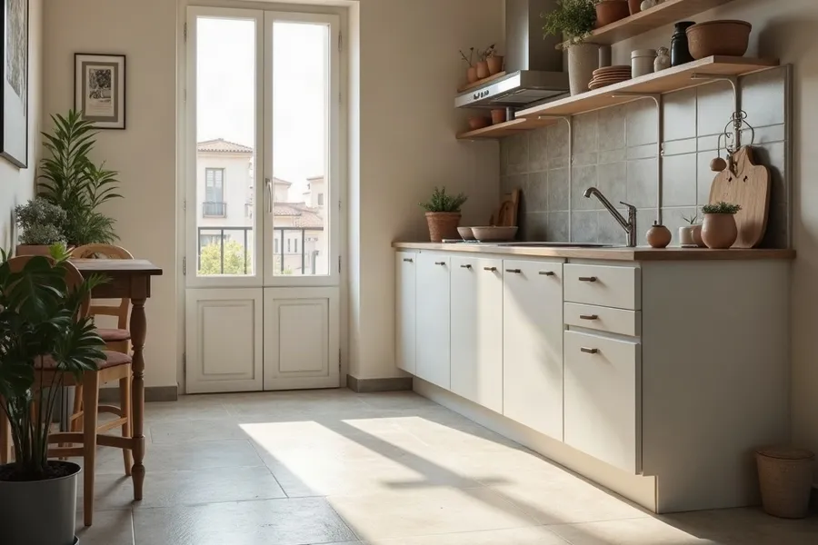 Cocina con suelo vinílico de efecto piedra en tono gris claro con gotas de agua junto al fregadero