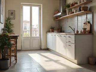 Cocina con suelo vinílico de efecto piedra en tono gris claro con gotas de agua junto al fregadero